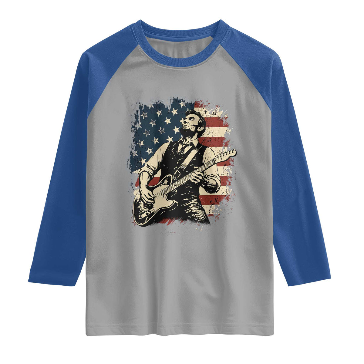 Vintage Abraham Lincoln Playing Electric Guitar Raglan Shirt Patriotic Rocker Gift