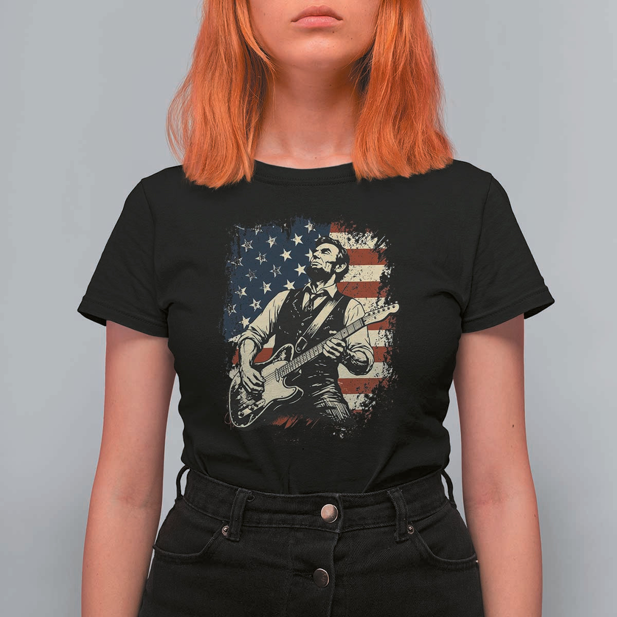 Vintage Abraham Lincoln Playing Electric Guitar T Shirt For Women Patriotic Rocker Gift