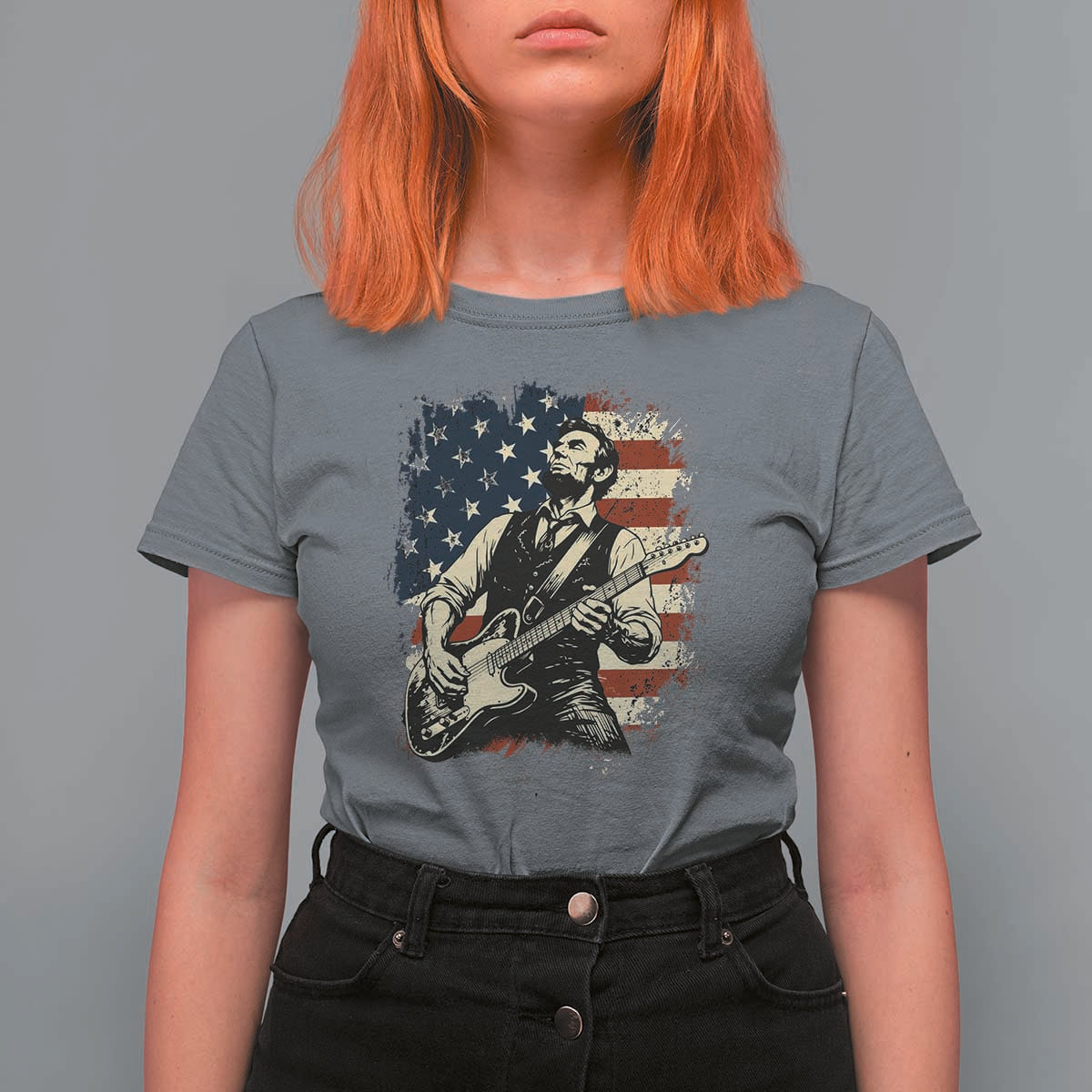 Vintage Abraham Lincoln Playing Electric Guitar T Shirt For Women Patriotic Rocker Gift
