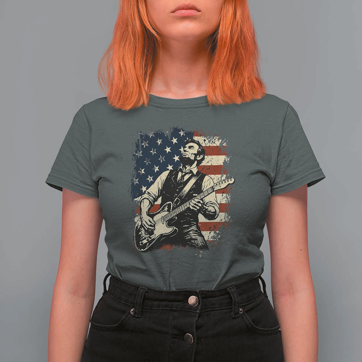 Vintage Abraham Lincoln Playing Electric Guitar T Shirt For Women Patriotic Rocker Gift