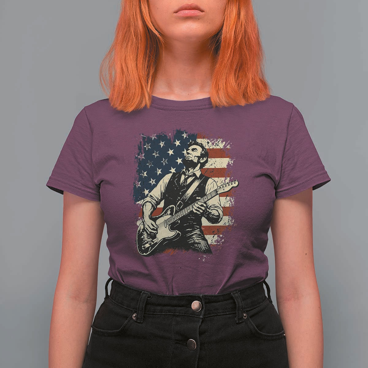 Vintage Abraham Lincoln Playing Electric Guitar T Shirt For Women Patriotic Rocker Gift