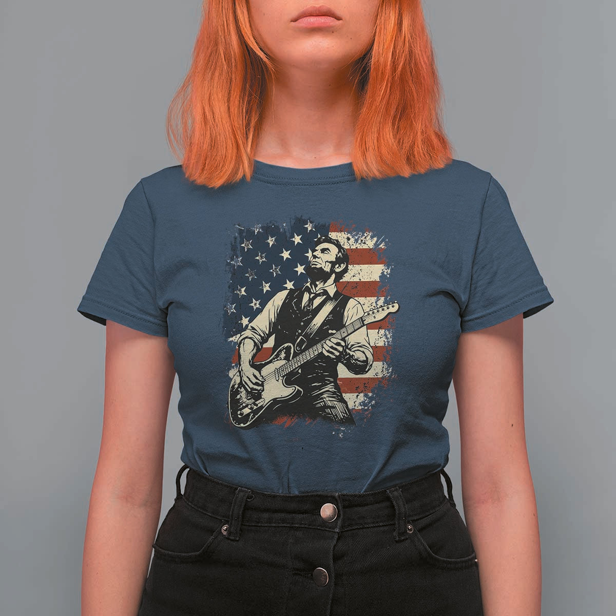 Vintage Abraham Lincoln Playing Electric Guitar T Shirt For Women Patriotic Rocker Gift