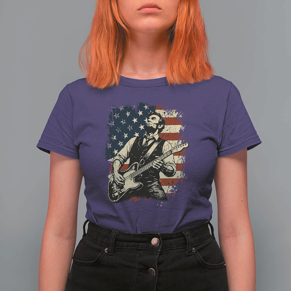 Vintage Abraham Lincoln Playing Electric Guitar T Shirt For Women Patriotic Rocker Gift