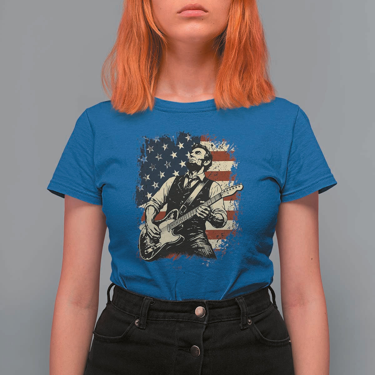 Vintage Abraham Lincoln Playing Electric Guitar T Shirt For Women Patriotic Rocker Gift