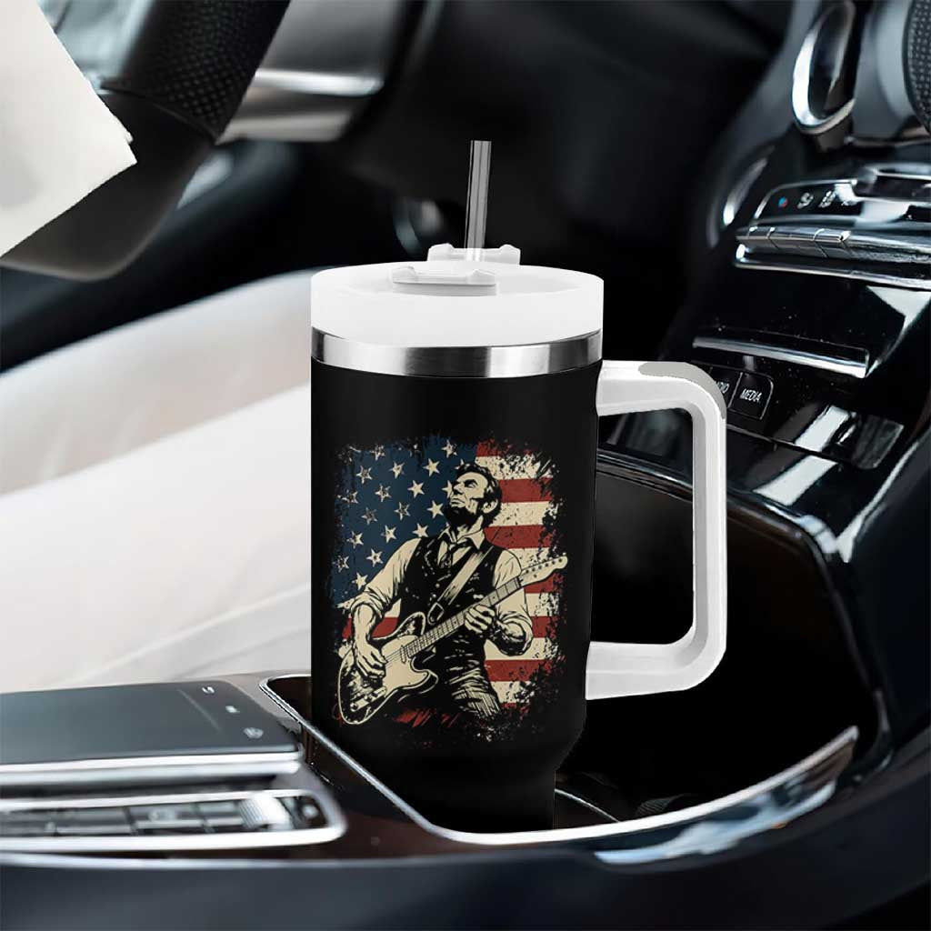 Vintage Abraham Lincoln Playing Electric Guitar Tumbler With Handle Patriotic Rocker Gift