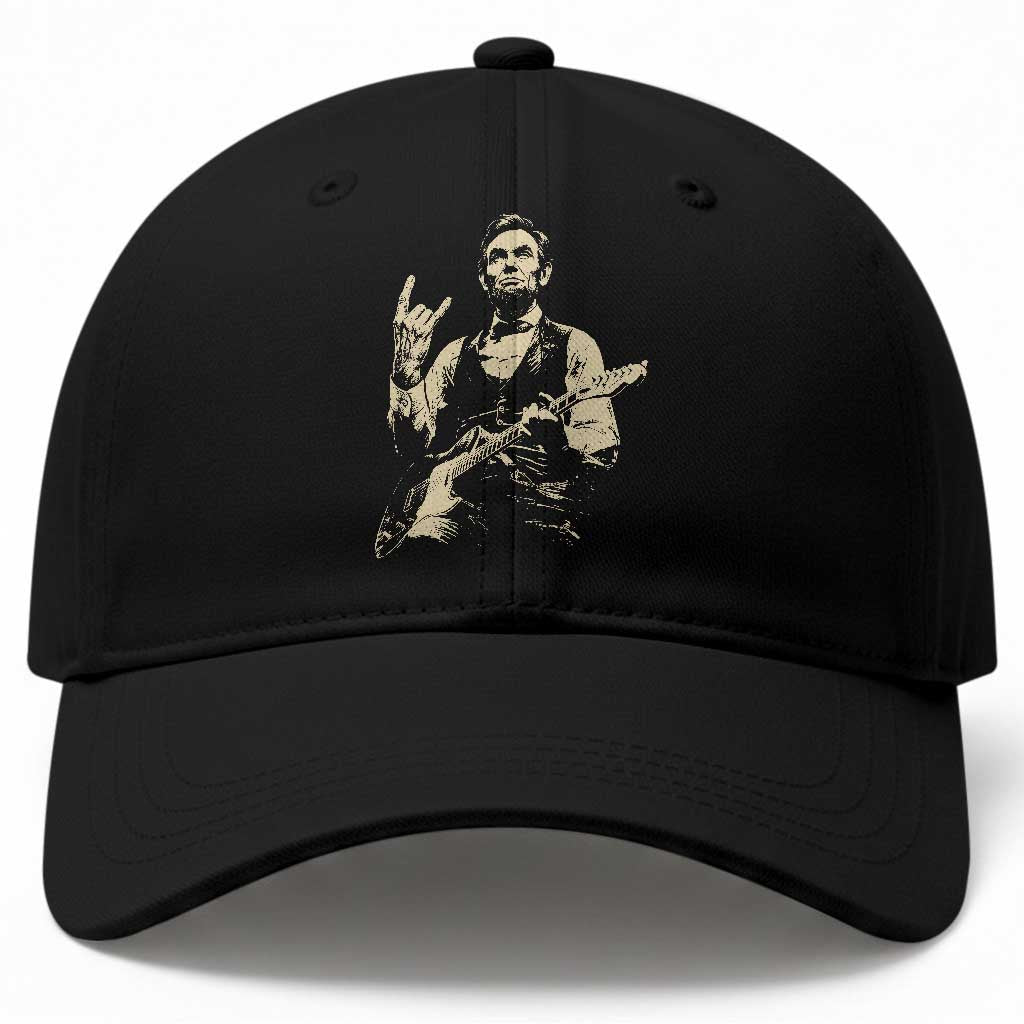 Rock And Roll Abraham Lincoln Playing Guitar Baseball Cap Vintage Patriotic Music Gift