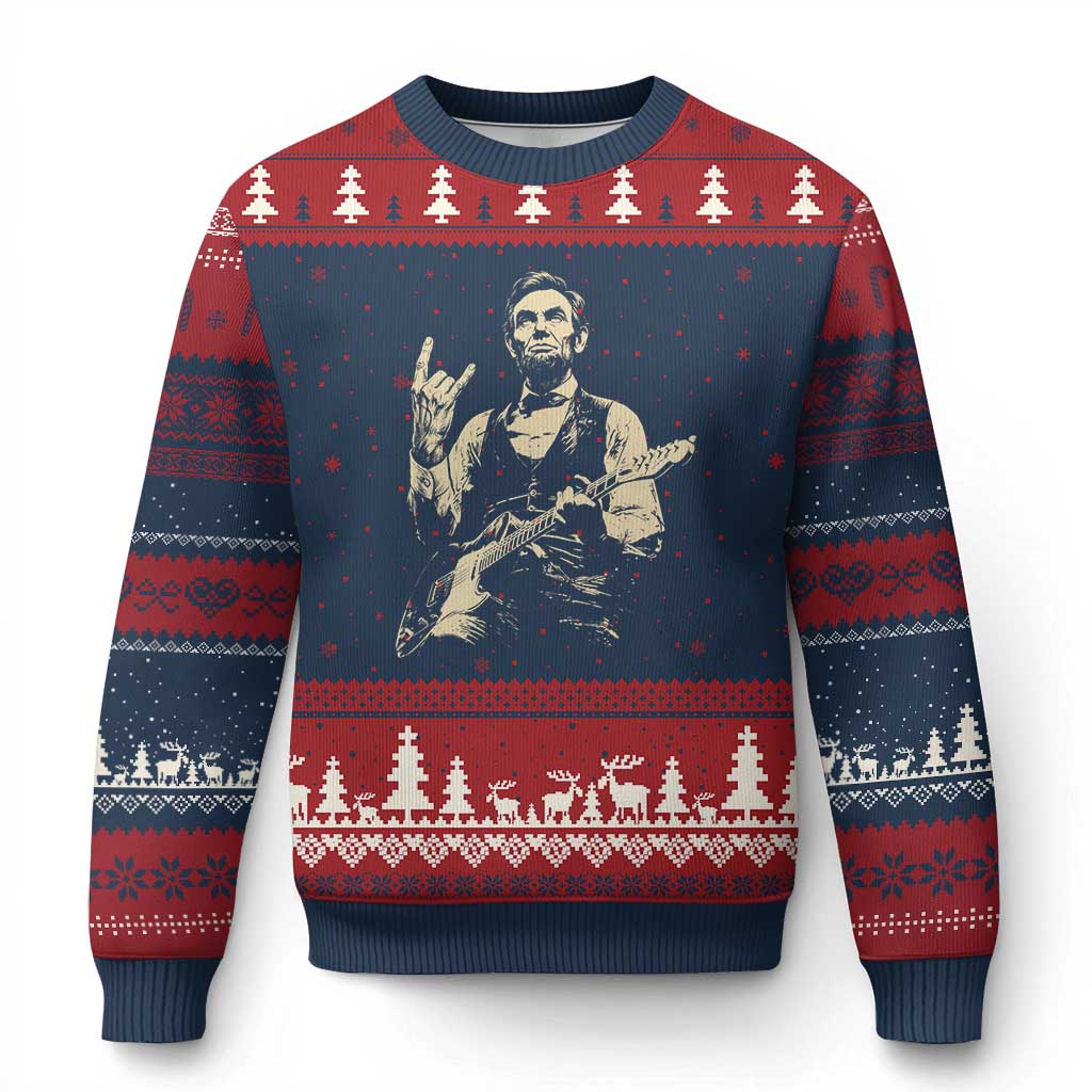Rock And Roll Abraham Lincoln Playing Guitar Ugly Christmas Sweater Vintage Patriotic Music Gift