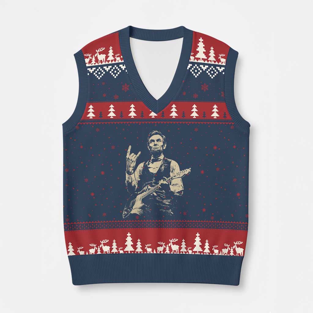 Rock And Roll Abraham Lincoln Playing Guitar V-Neck Knit Sweater Vest Vintage Patriotic Music Gift