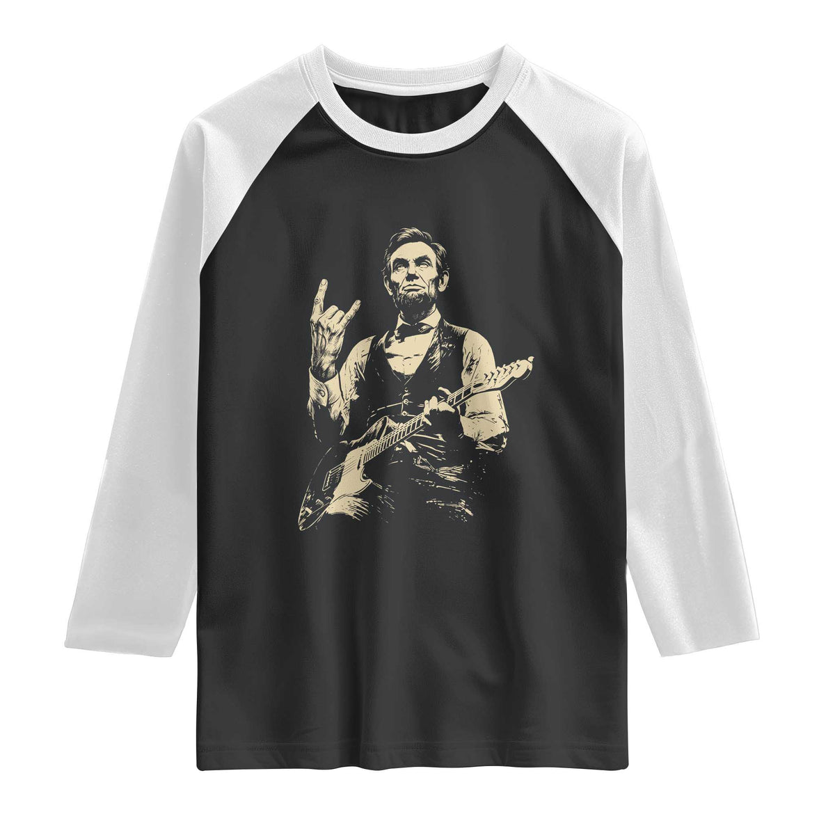 Rock And Roll Abraham Lincoln Playing Guitar Raglan Shirt Vintage Patriotic Music Gift