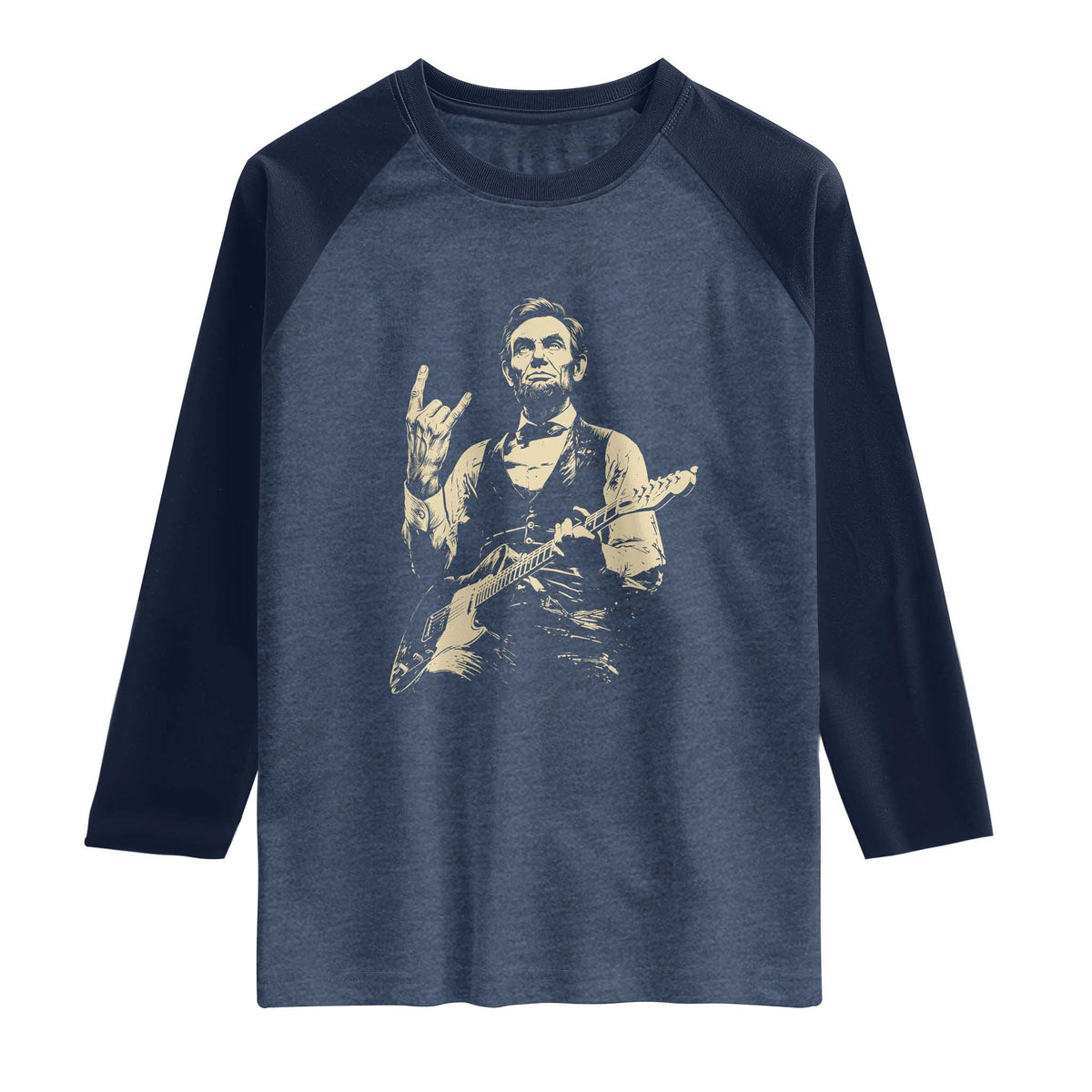 Rock And Roll Abraham Lincoln Playing Guitar Raglan Shirt Vintage Patriotic Music Gift