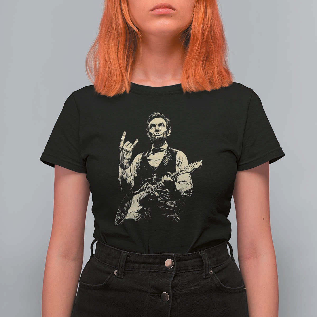 Rock And Roll Abraham Lincoln Playing Guitar T Shirt For Women Vintage Patriotic Music Gift