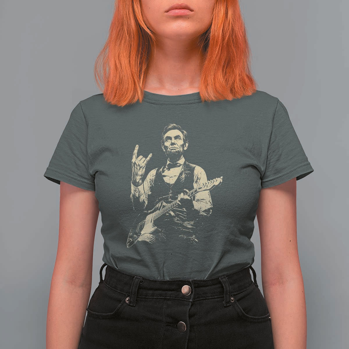 Rock And Roll Abraham Lincoln Playing Guitar T Shirt For Women Vintage Patriotic Music Gift