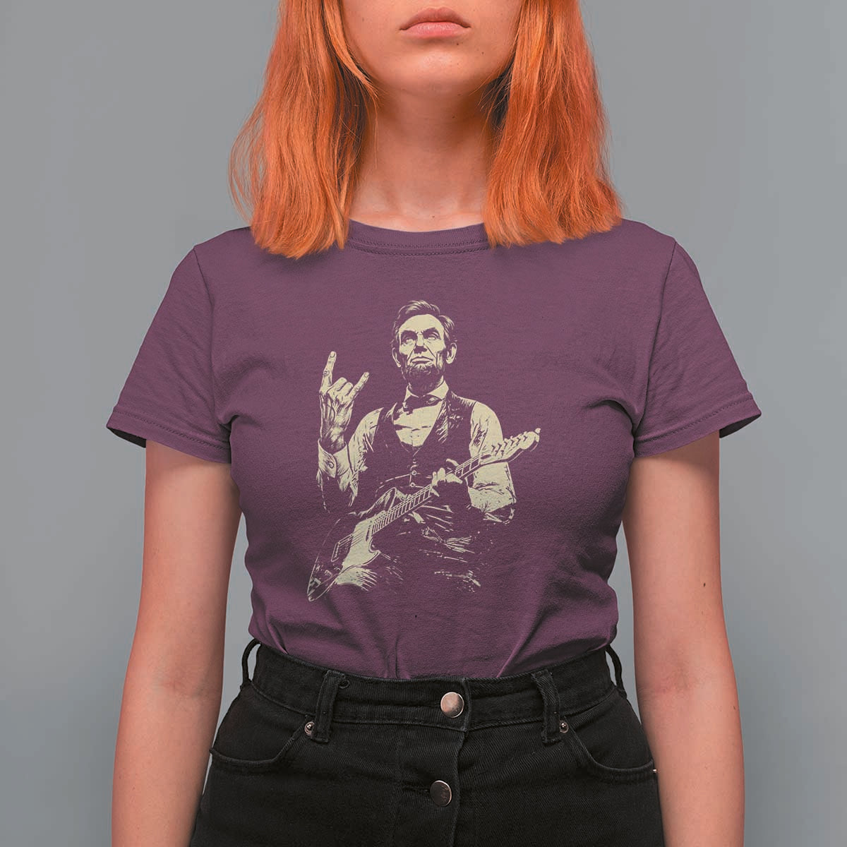 Rock And Roll Abraham Lincoln Playing Guitar T Shirt For Women Vintage Patriotic Music Gift
