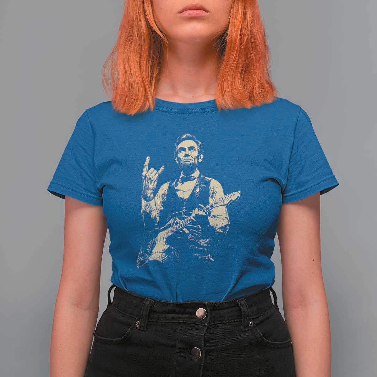 Rock And Roll Abraham Lincoln Playing Guitar T Shirt For Women Vintage Patriotic Music Gift