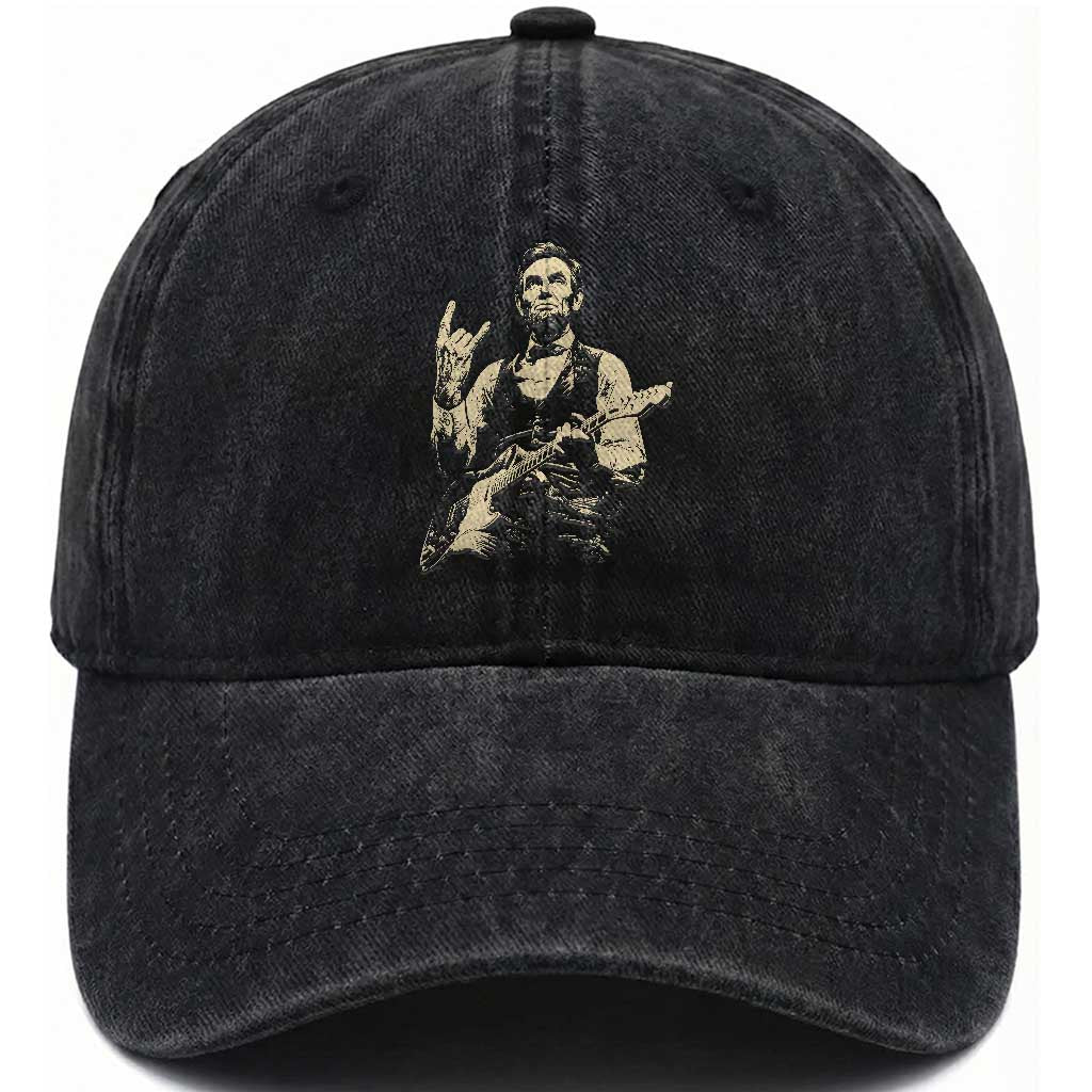 Rock And Roll Abraham Lincoln Playing Guitar Washed Cotton Baseball Cap Vintage Patriotic Music Gift