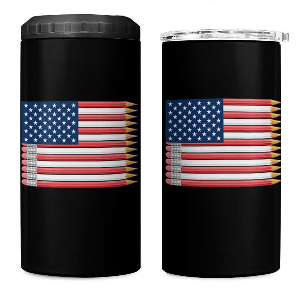 Pencil Stripes USA Flag 4 in 1 Can Cooler Tumbler Proud American Teacher Graduation Gift