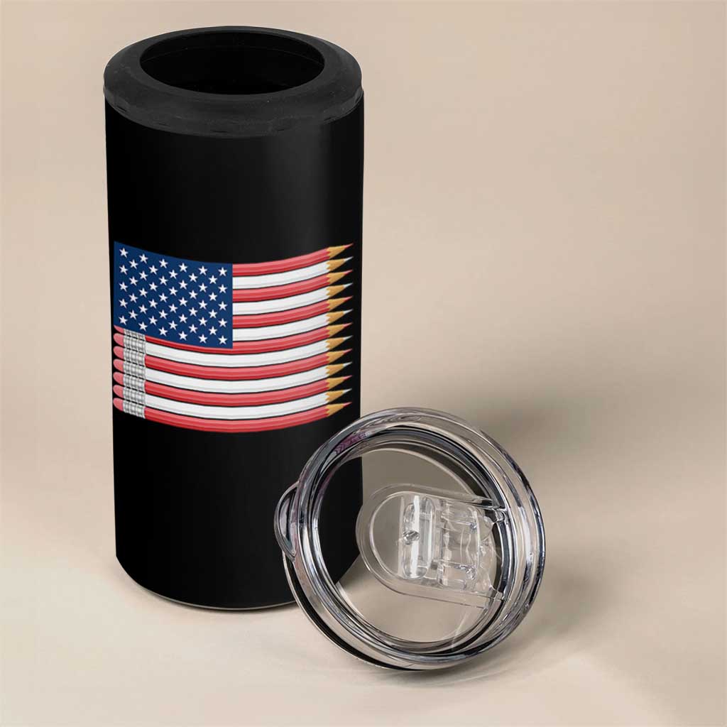 Pencil Stripes USA Flag 4 in 1 Can Cooler Tumbler Proud American Teacher Graduation Gift