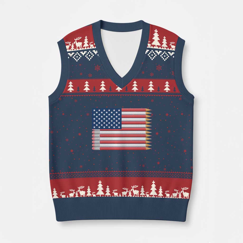 Pencil Stripes USA Flag V-Neck Knit Sweater Vest Proud American Teacher Graduation Gift
