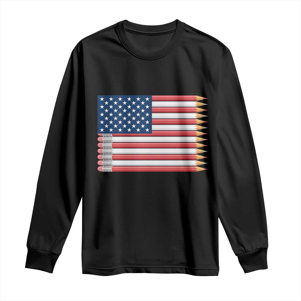 Pencil Stripes USA Flag Long Sleeve Shirt Proud American Teacher Graduation Gift