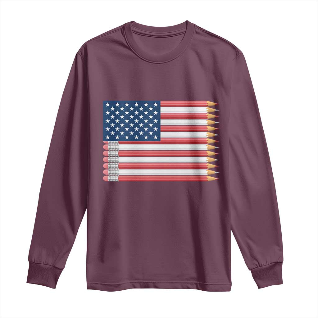 Pencil Stripes USA Flag Long Sleeve Shirt Proud American Teacher Graduation Gift