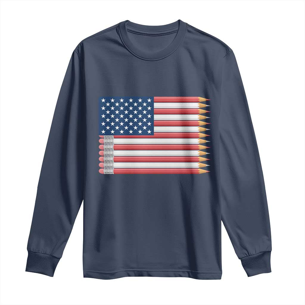 Pencil Stripes USA Flag Long Sleeve Shirt Proud American Teacher Graduation Gift