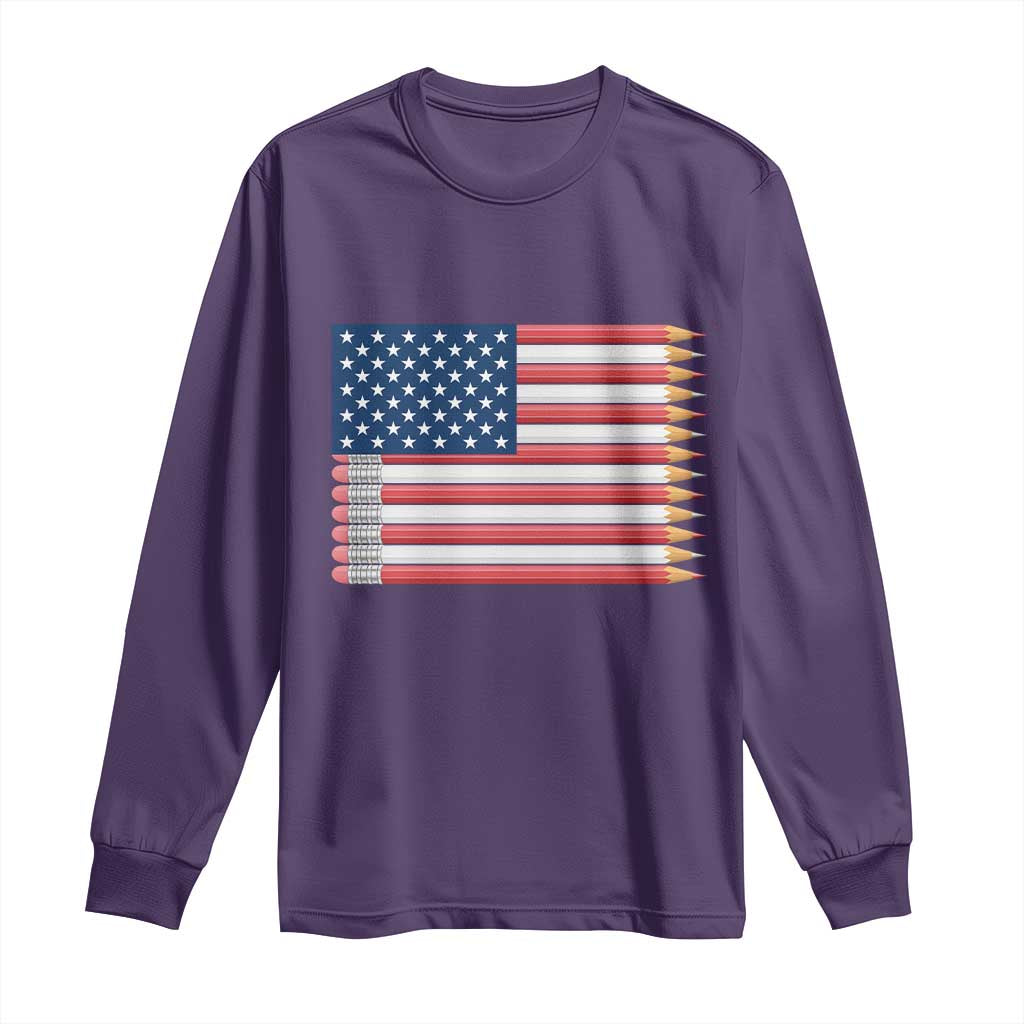 Pencil Stripes USA Flag Long Sleeve Shirt Proud American Teacher Graduation Gift