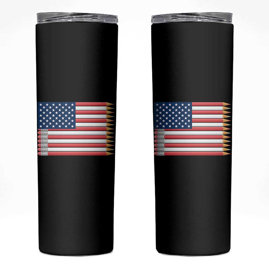 Pencil Stripes USA Flag Skinny Tumbler Proud American Teacher Graduation Gift