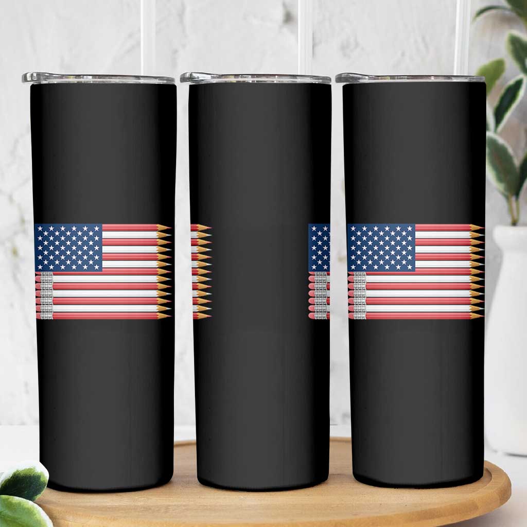 Pencil Stripes USA Flag Skinny Tumbler Proud American Teacher Graduation Gift