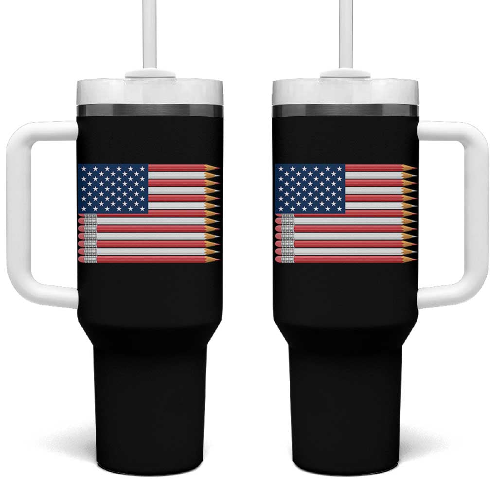 Pencil Stripes USA Flag Tumbler With Handle Proud American Teacher Graduation Gift