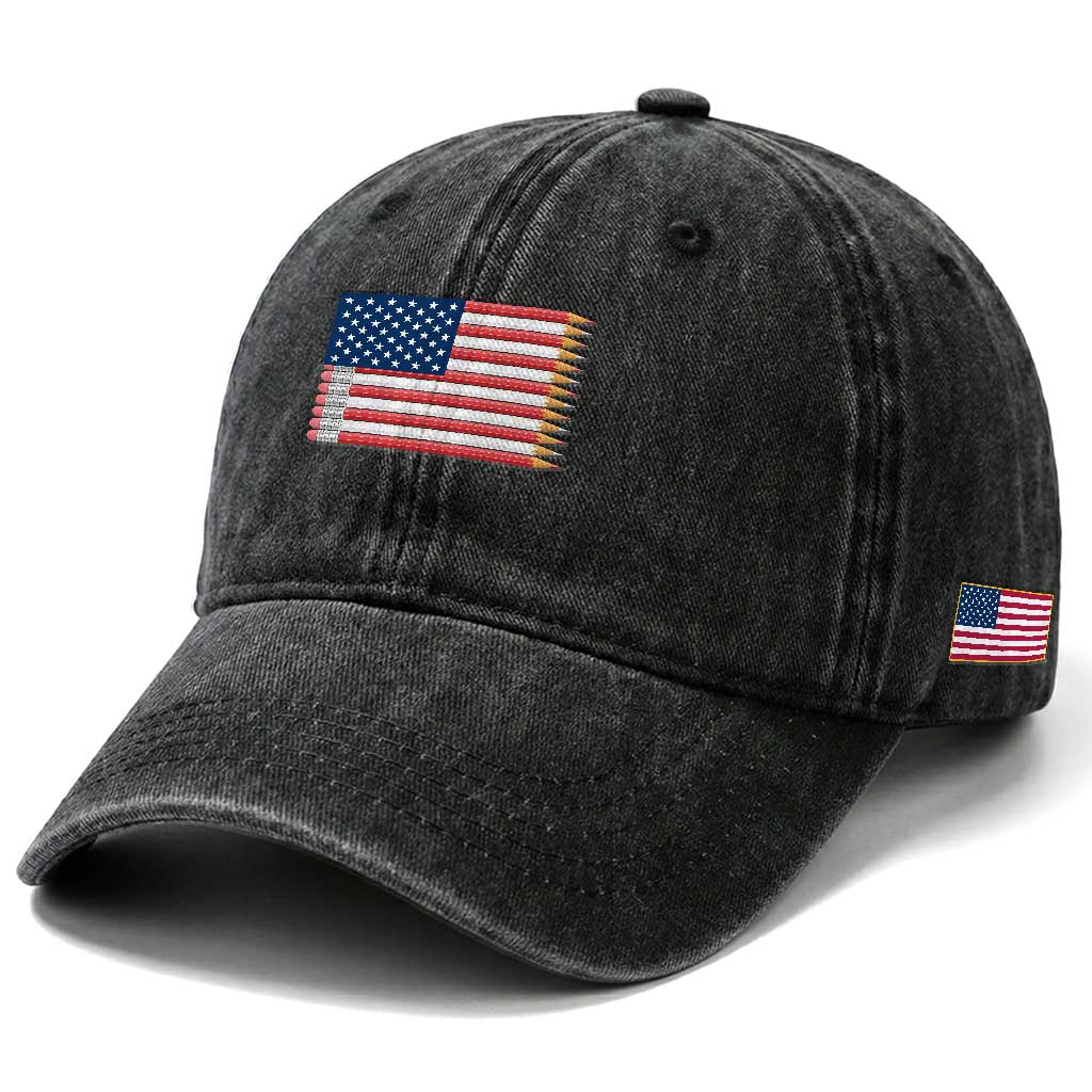 Pencil Stripes USA Flag Washed Cotton Baseball Cap Proud American Teacher Graduation Gift