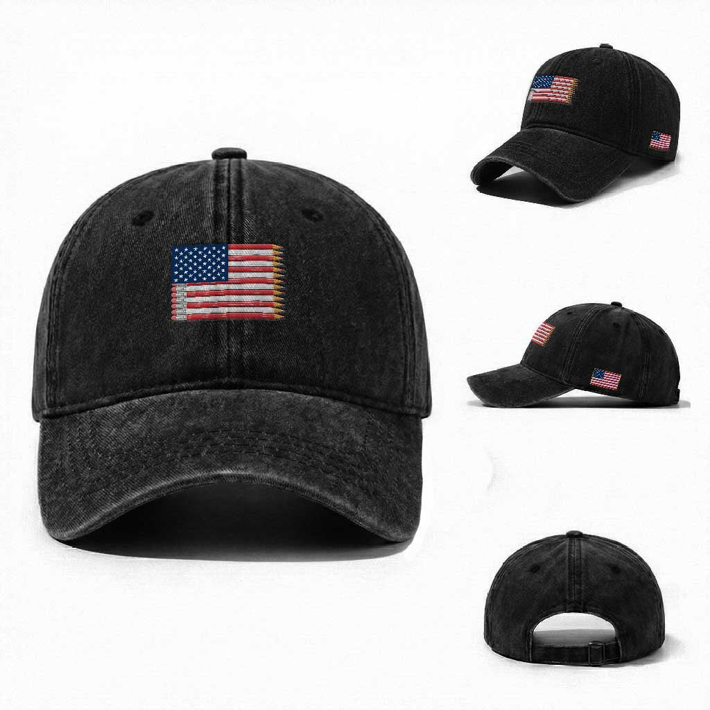 Pencil Stripes USA Flag Washed Cotton Baseball Cap Proud American Teacher Graduation Gift