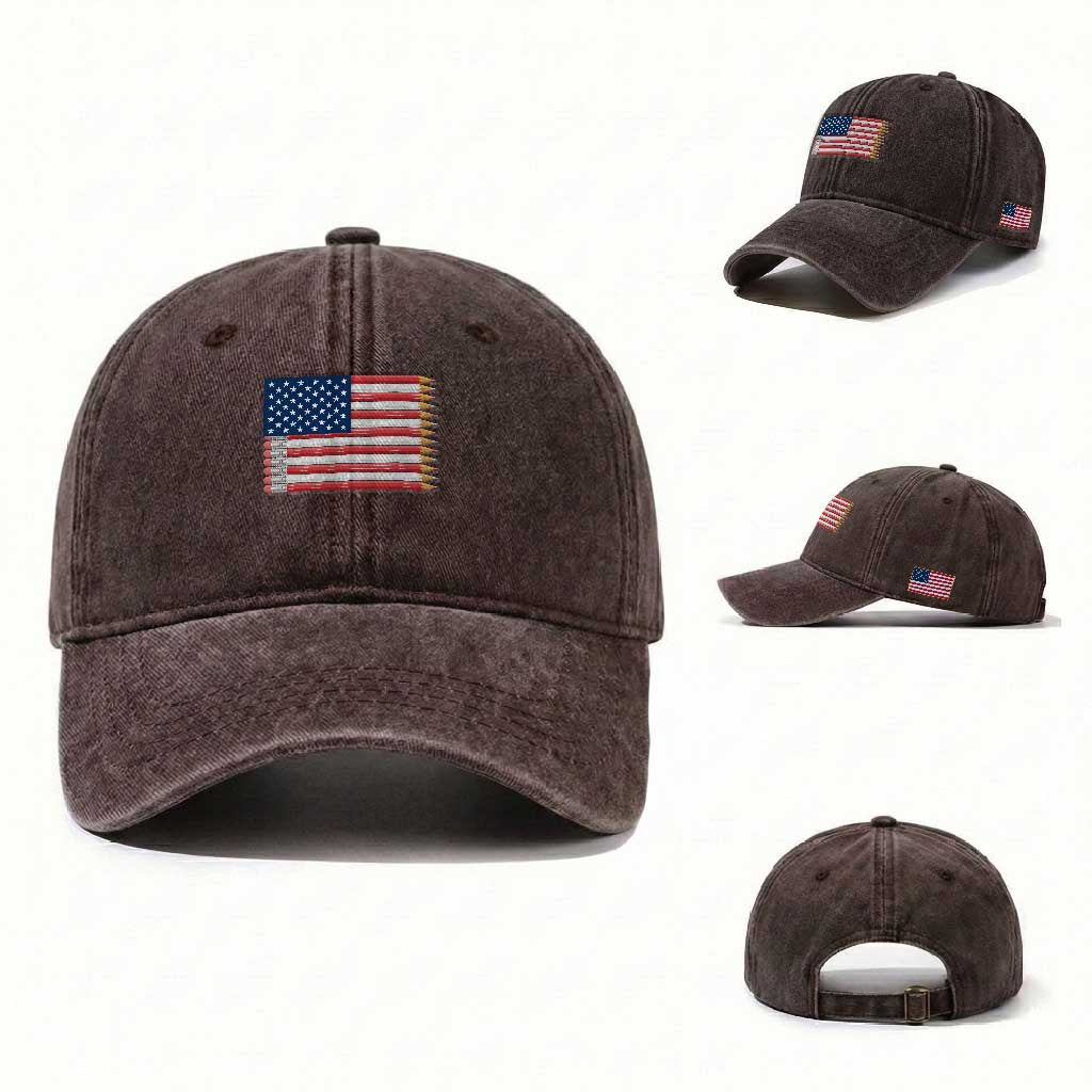 Pencil Stripes USA Flag Washed Cotton Baseball Cap Proud American Teacher Graduation Gift
