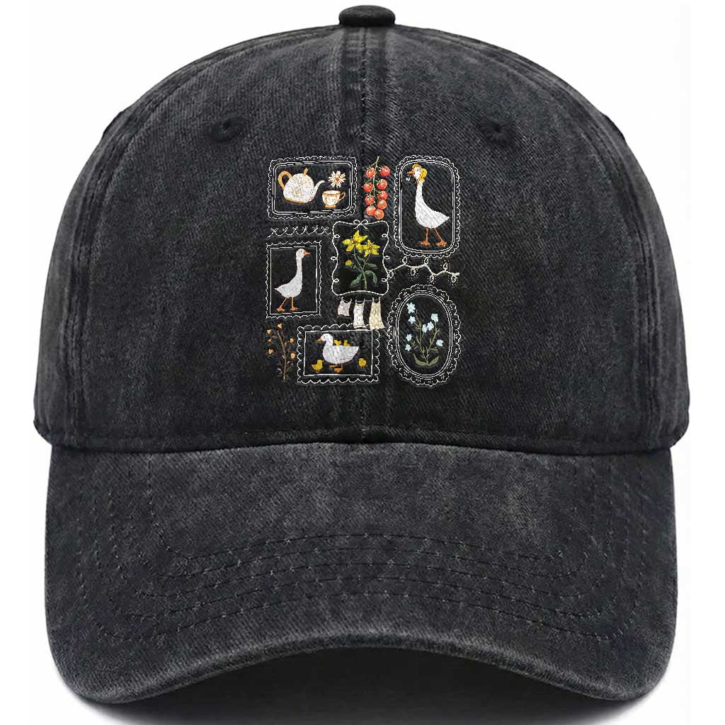 Cottagecore Farm Duck Washed Cotton Baseball Cap Floral Wildflower Garden Graphic