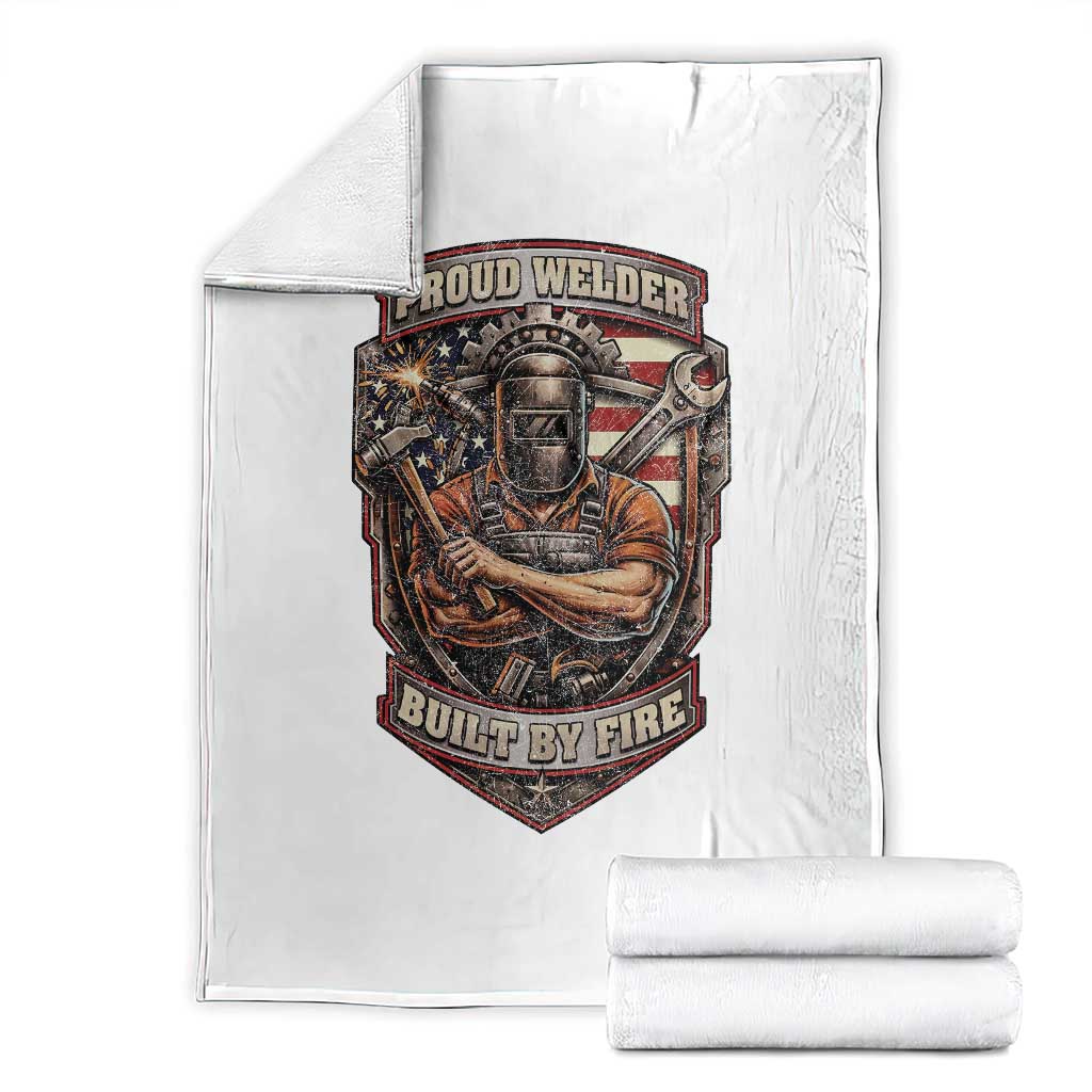 Vintage Proud American Welder Throw Blanket Built By Fire Blue Collar Dad Gift