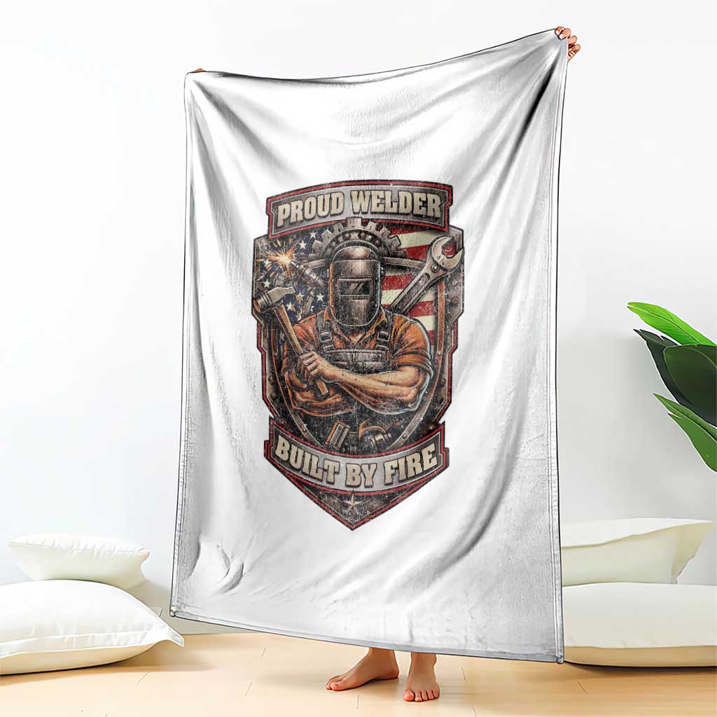 Vintage Proud American Welder Throw Blanket Built By Fire Blue Collar Dad Gift
