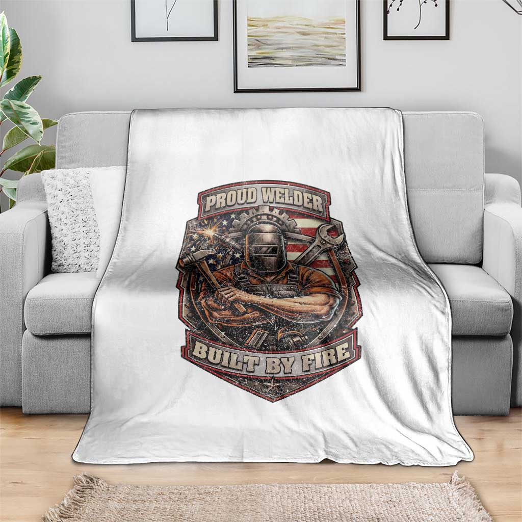 Vintage Proud American Welder Throw Blanket Built By Fire Blue Collar Dad Gift