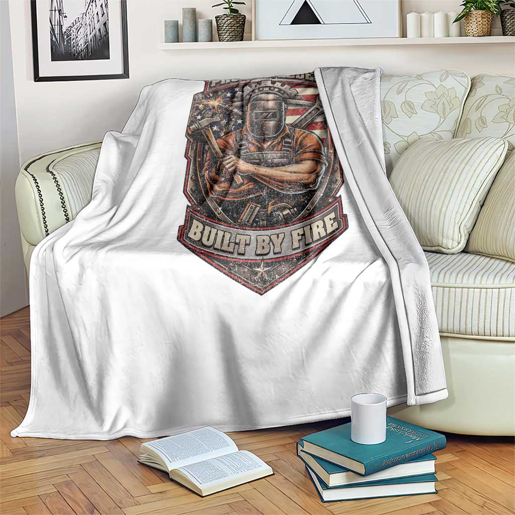 Vintage Proud American Welder Throw Blanket Built By Fire Blue Collar Dad Gift