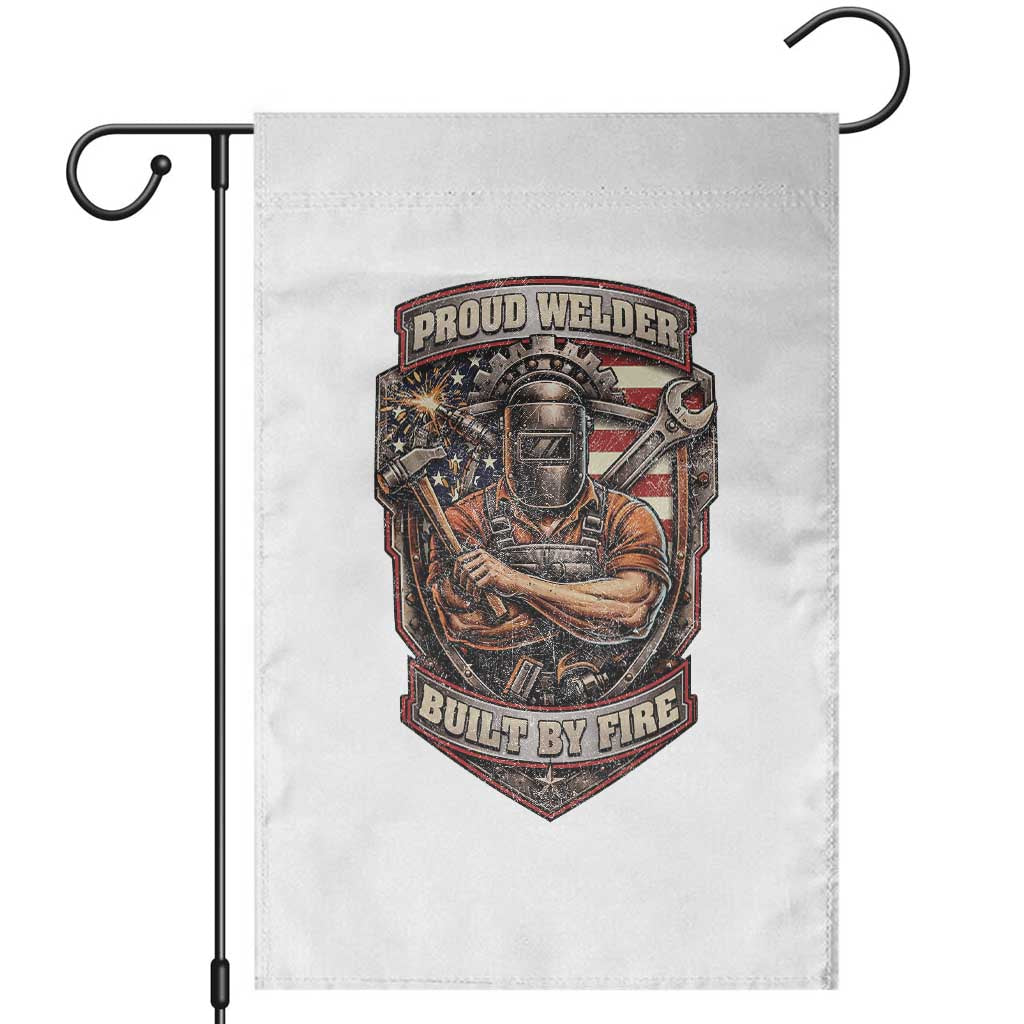 Vintage Proud American Welder Garden Flag Built By Fire Blue Collar Dad Gift