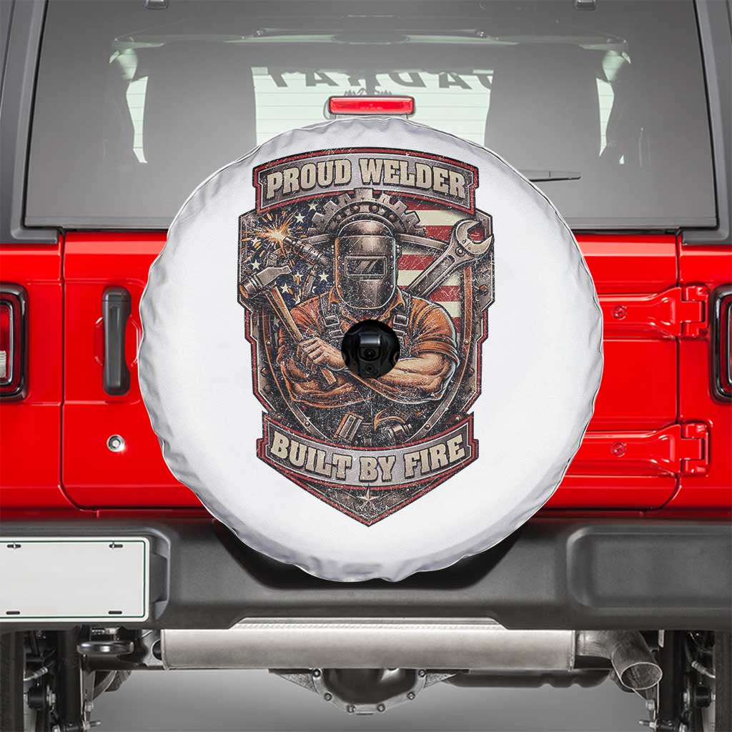 Vintage Proud American Welder Spare Tire Cover Built By Fire Blue Collar Dad Gift