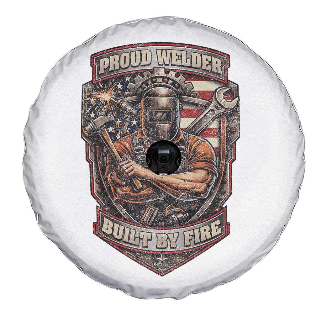 Vintage Proud American Welder Spare Tire Cover Built By Fire Blue Collar Dad Gift
