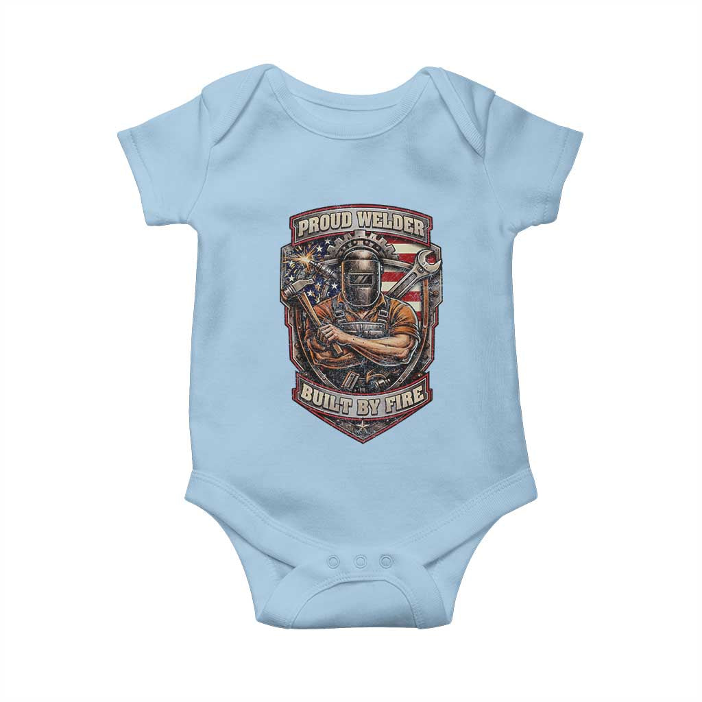 Vintage Proud American Welder Baby Onesie Built By Fire Blue Collar Dad Gift