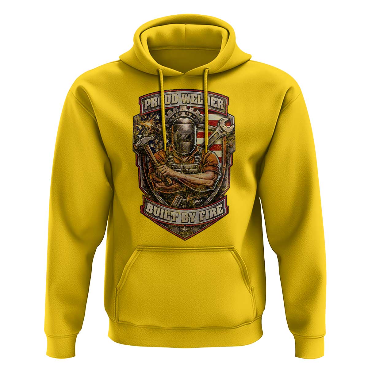 Vintage Proud American Welder Hoodie Built By Fire Blue Collar Dad Gift