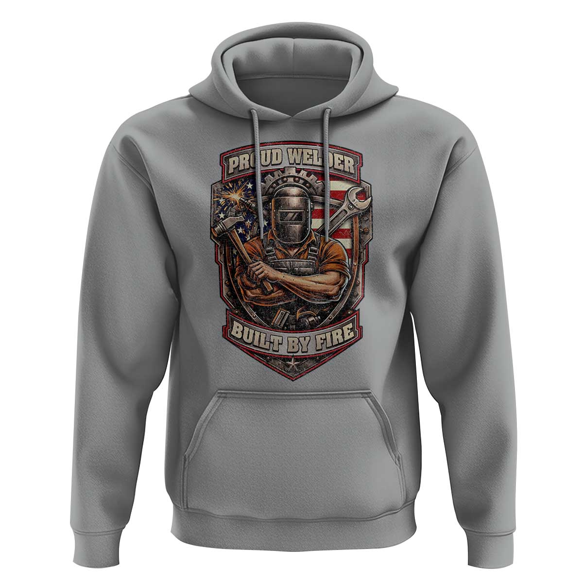 Vintage Proud American Welder Hoodie Built By Fire Blue Collar Dad Gift