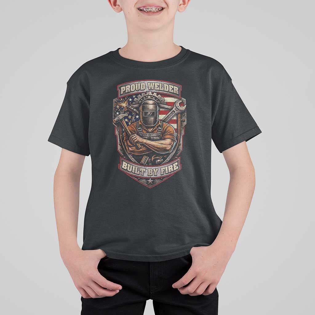 Vintage Proud American Welder T Shirt For Kid Built By Fire Blue Collar Dad Gift