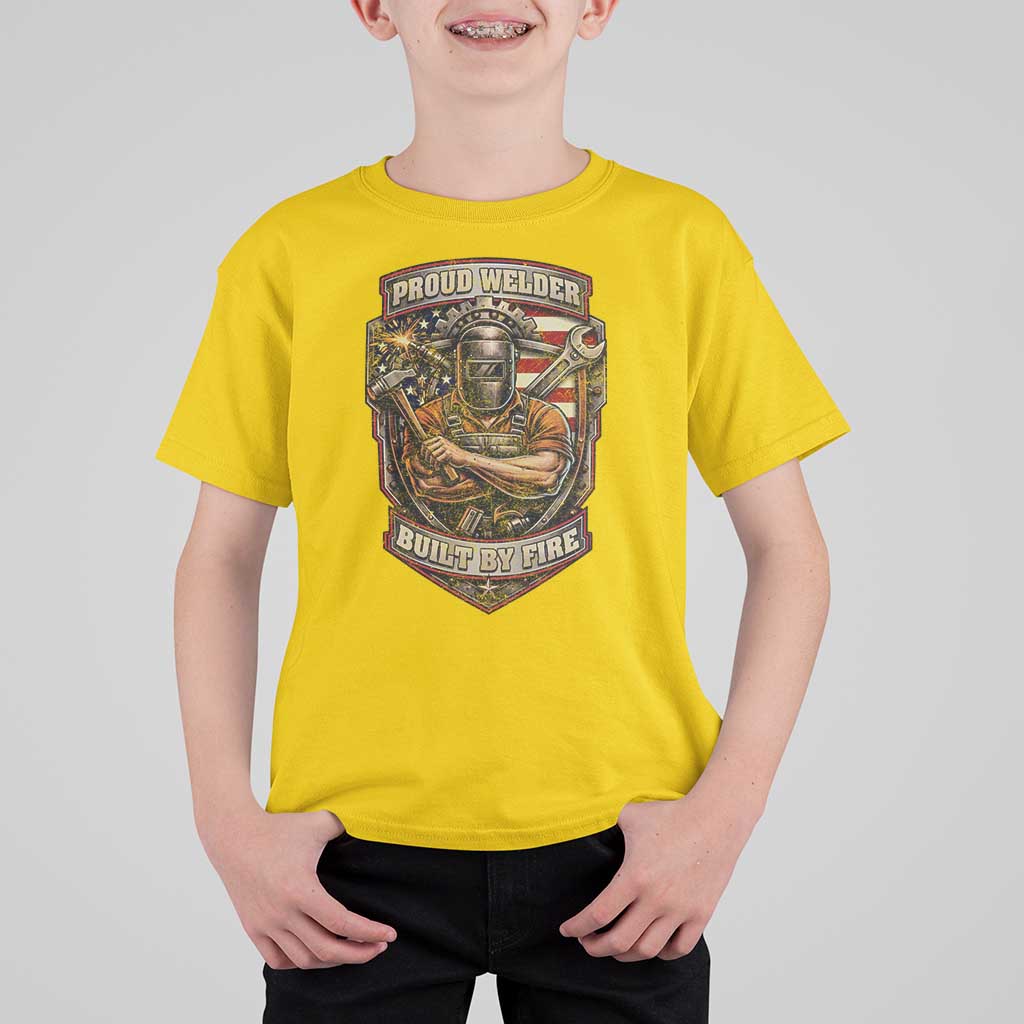 Vintage Proud American Welder T Shirt For Kid Built By Fire Blue Collar Dad Gift