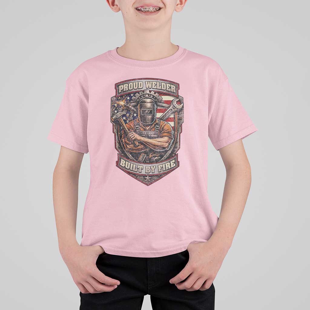 Vintage Proud American Welder T Shirt For Kid Built By Fire Blue Collar Dad Gift