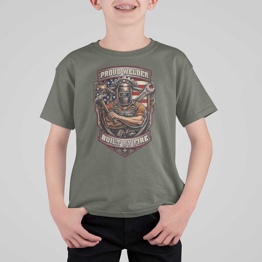 Vintage Proud American Welder T Shirt For Kid Built By Fire Blue Collar Dad Gift