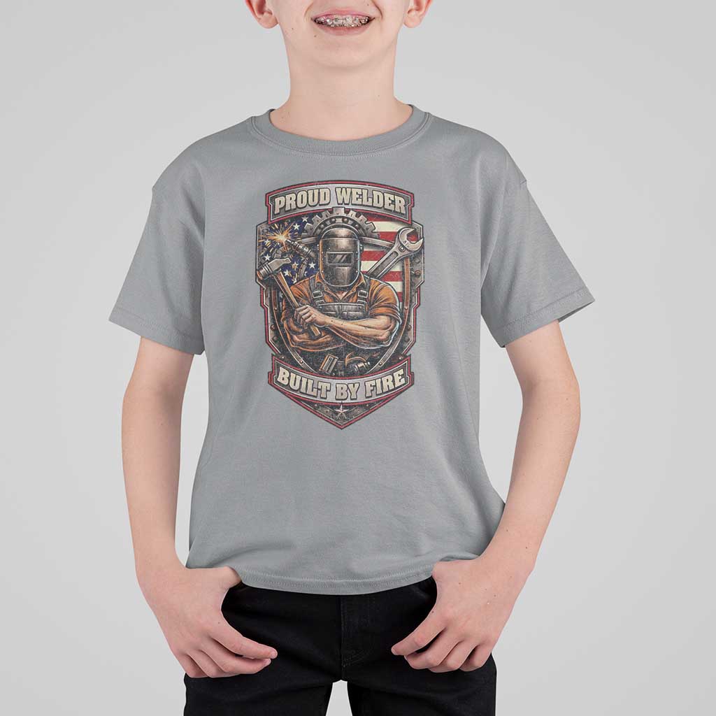 Vintage Proud American Welder T Shirt For Kid Built By Fire Blue Collar Dad Gift