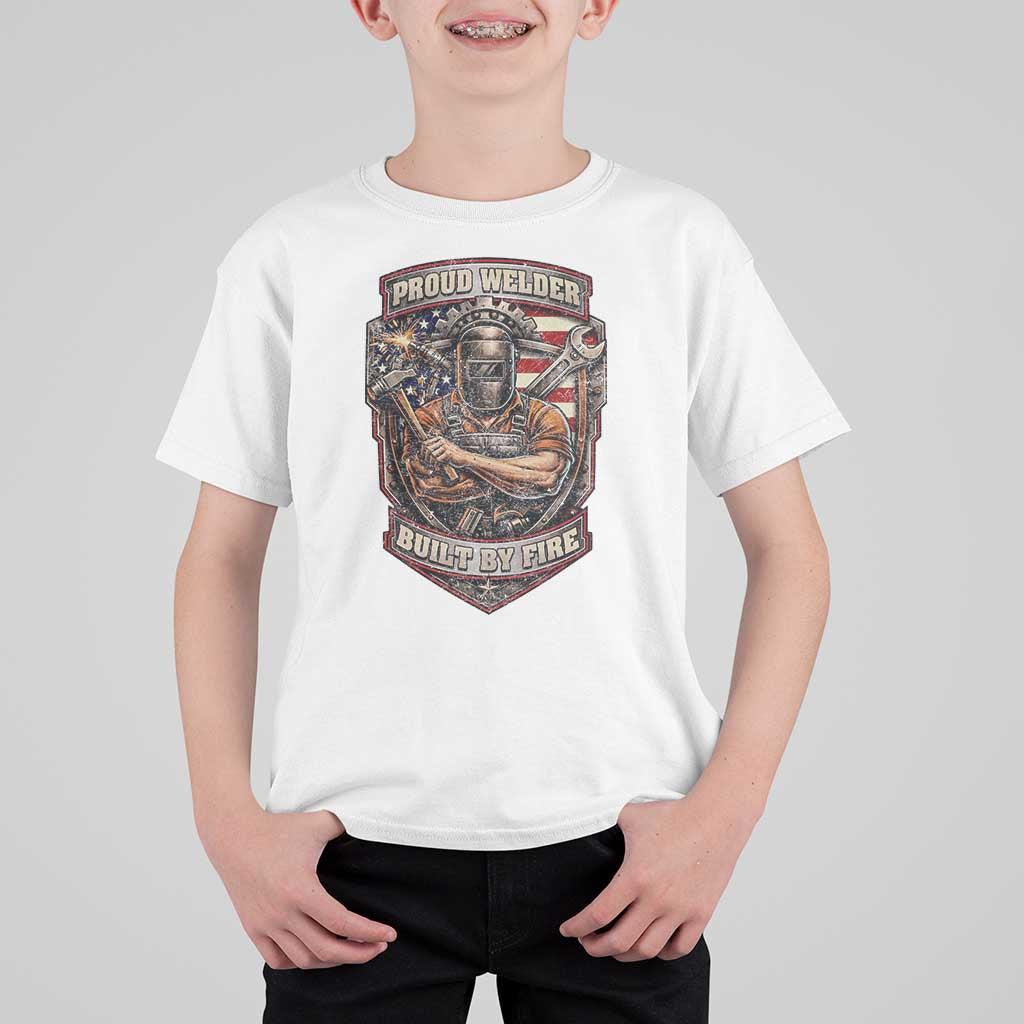 Vintage Proud American Welder T Shirt For Kid Built By Fire Blue Collar Dad Gift