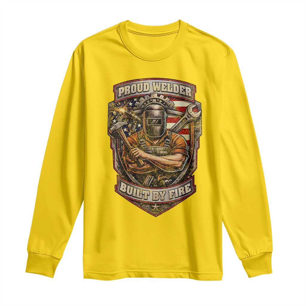 Vintage Proud American Welder Long Sleeve Shirt Built By Fire Blue Collar Dad Gift